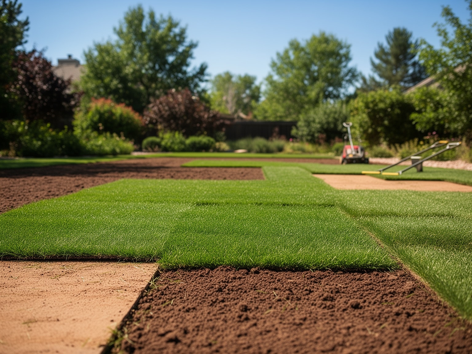Lawn restoration scene with healthy green grass and prepared soil patches in a residential garden during springtime