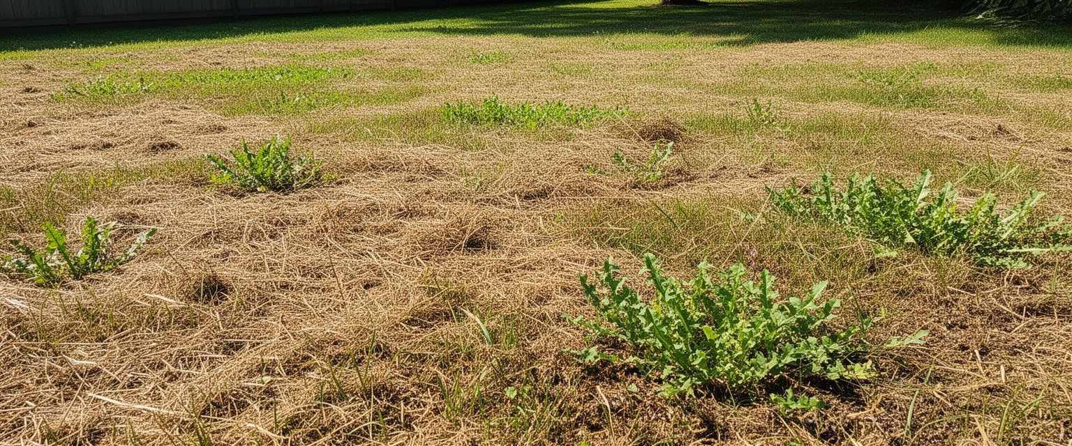 Uneven lawn showing thick thatch buildup and persistent weed patches in a backyard setting
