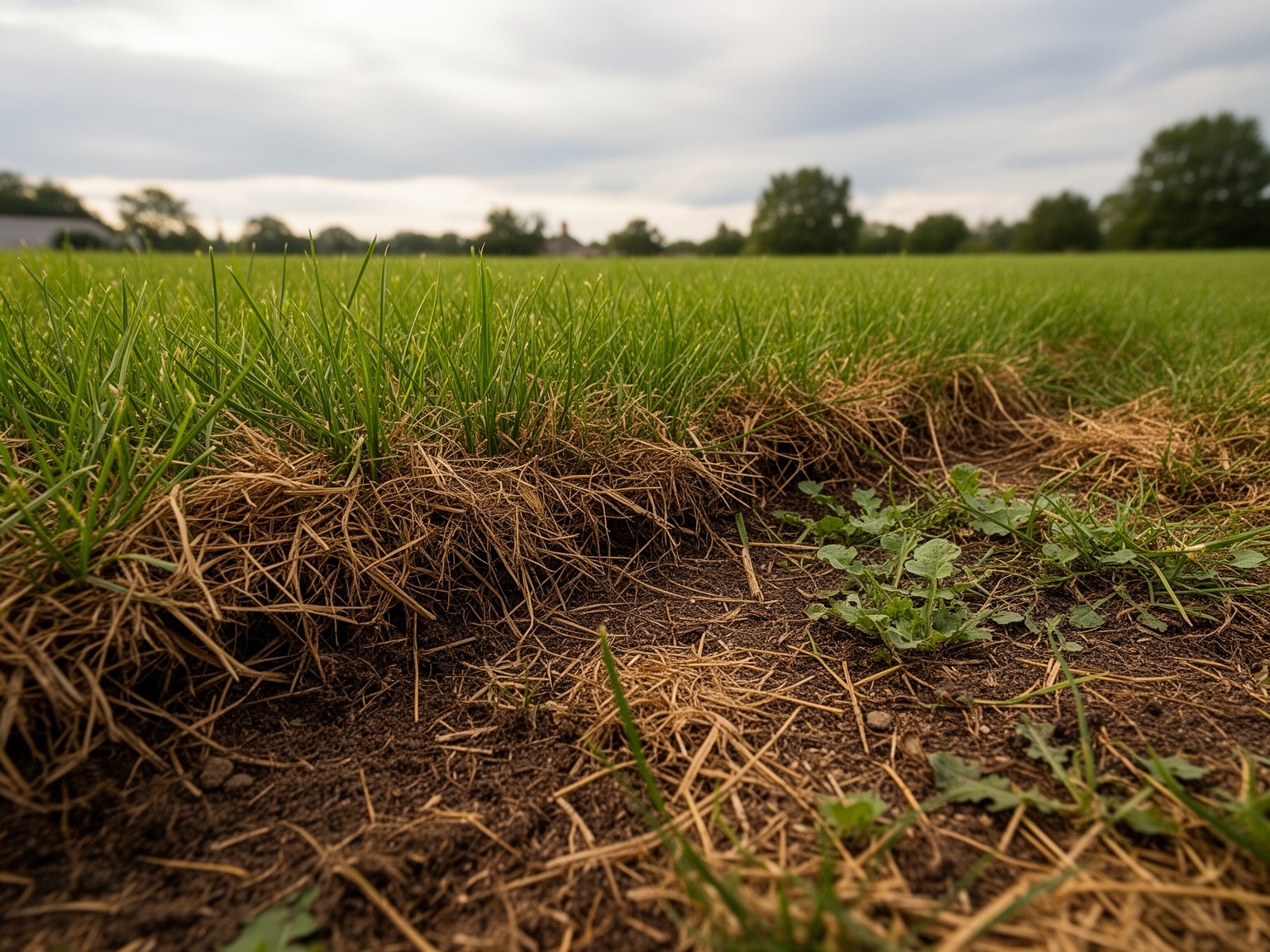 Close-up of lawn grass with visible brown thatch layer and scattered weed patches on residential turf