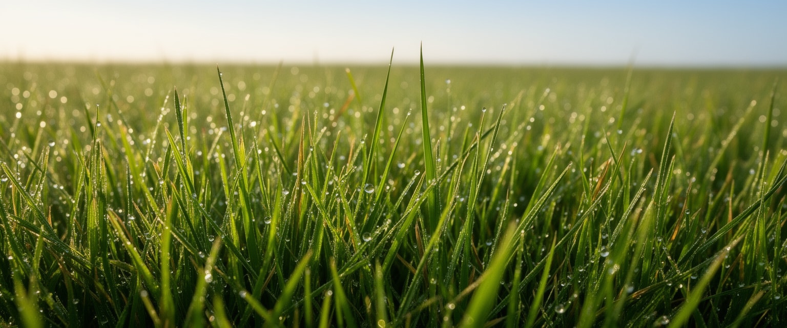 Close-up detailed photograph of dew-covered vibrant green lawn grass blades in morning light