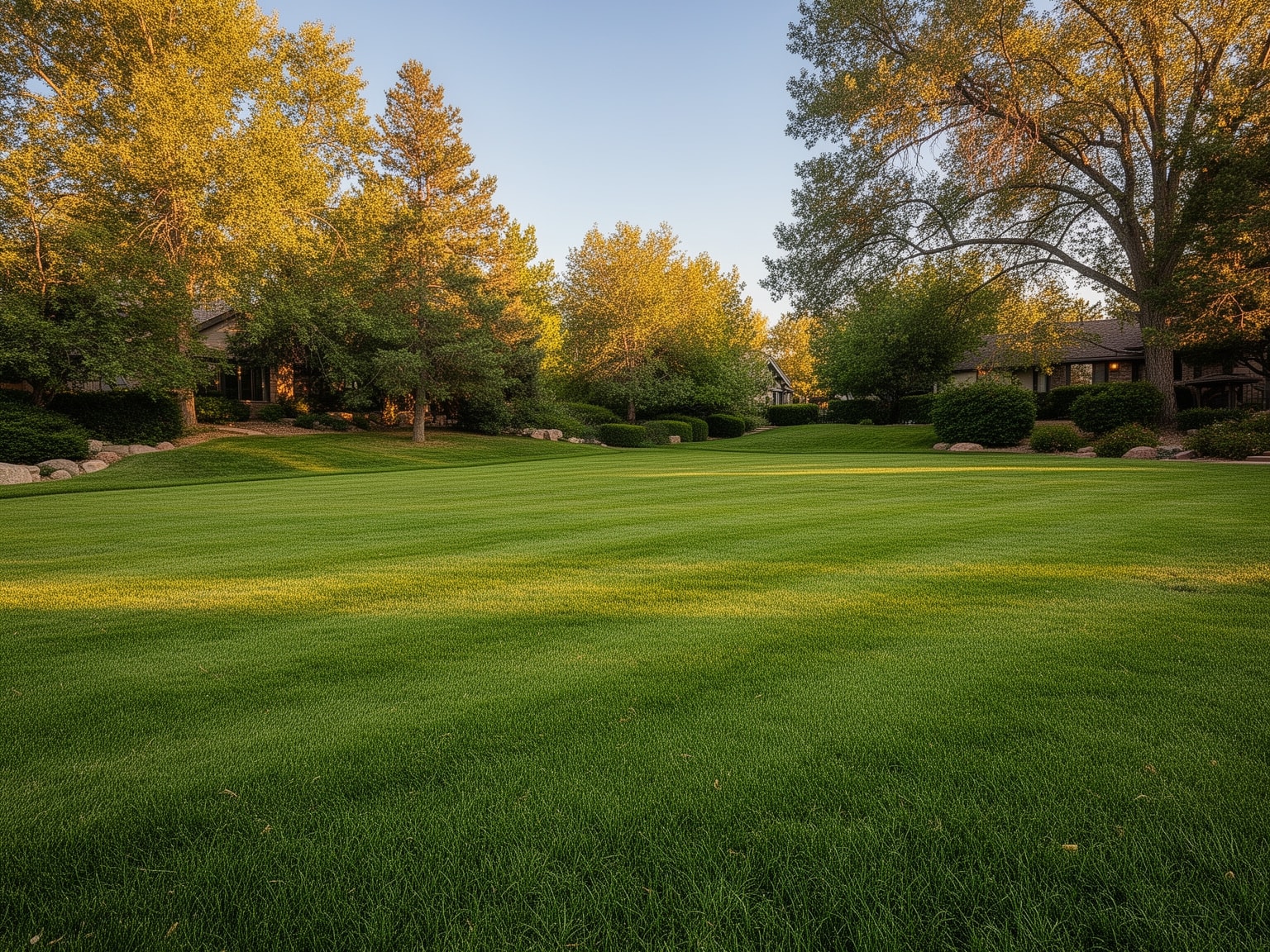 Healthy green lawn in a Colorado neighborhood with trees and shrubs under warm afternoon sunlight