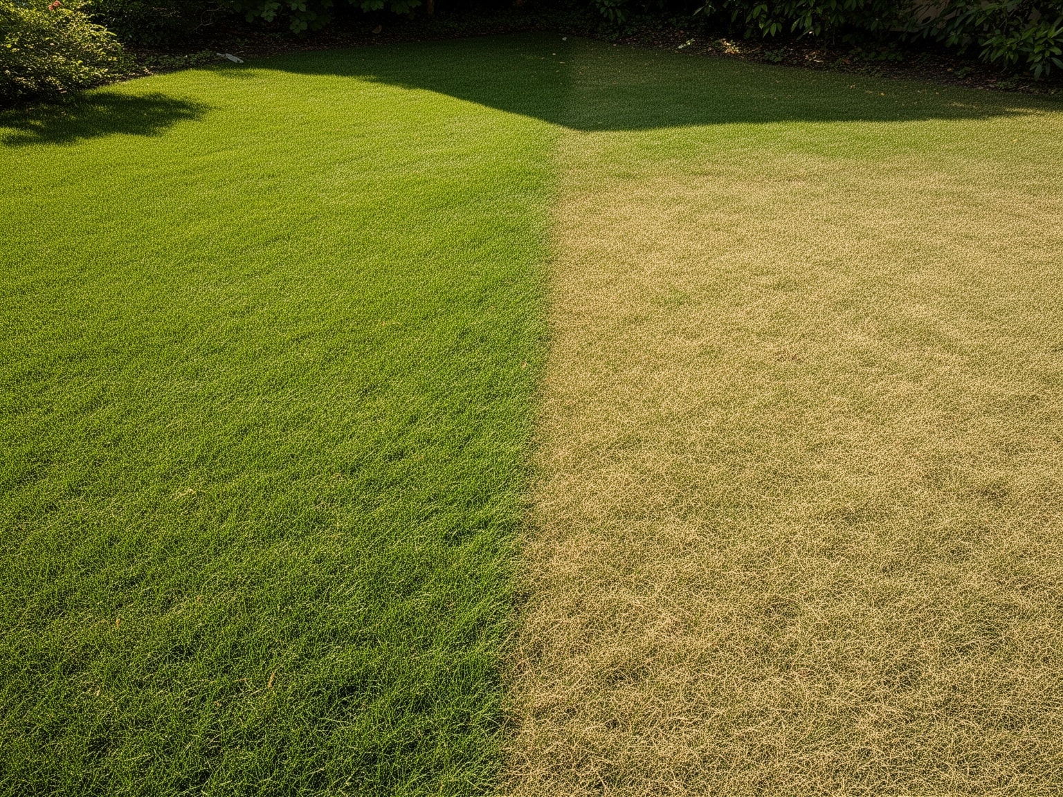 Overhead view of residential lawn showing contrast between healthy green grass and less vibrant sections