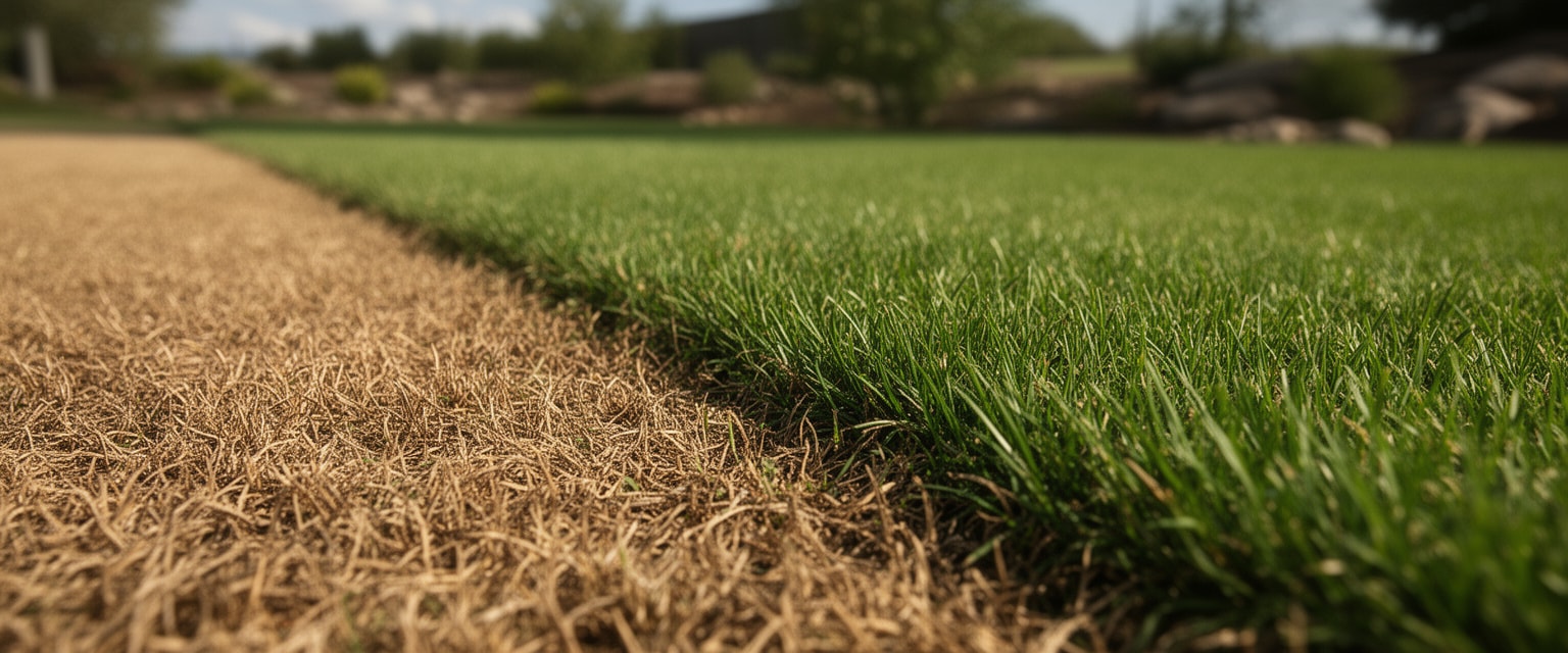Close-up natural outdoor image depicting contrast between brown patchy lawn grass and healthy green turf
