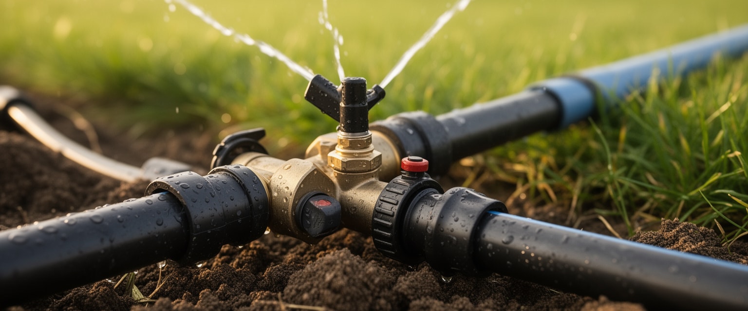 Close-up of irrigation sprinkler heads and pipes in a residential garden ready for spring startup