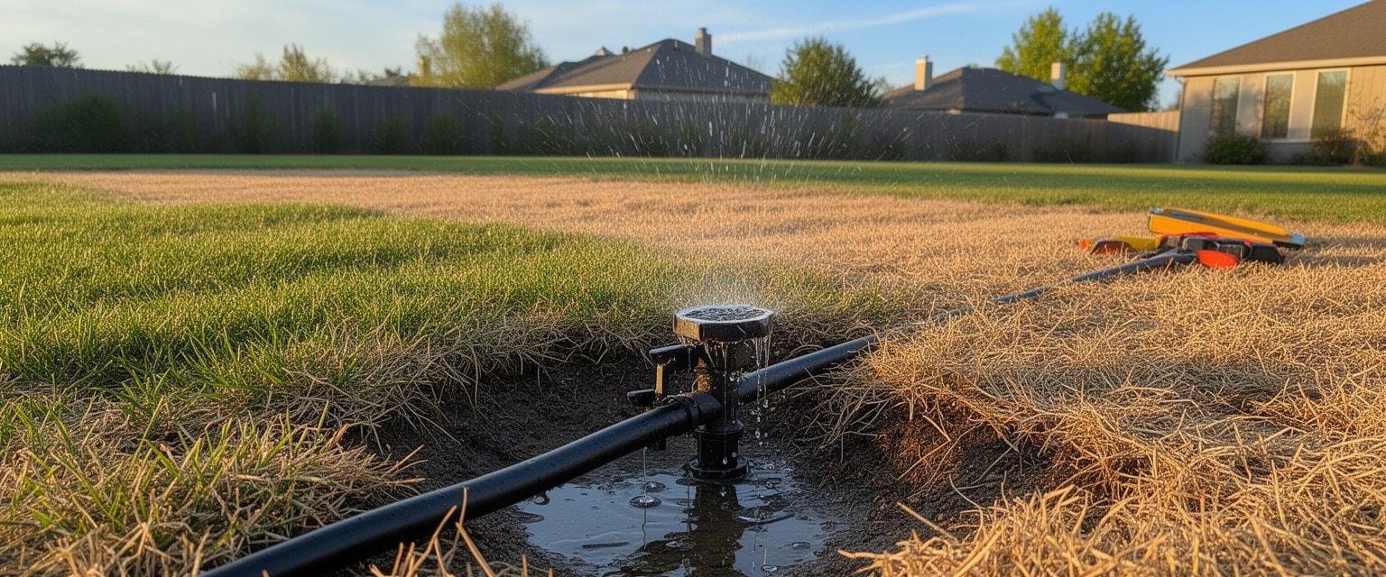 Broken sprinkler head causing dry grass patches in a residential lawn during irrigation repair