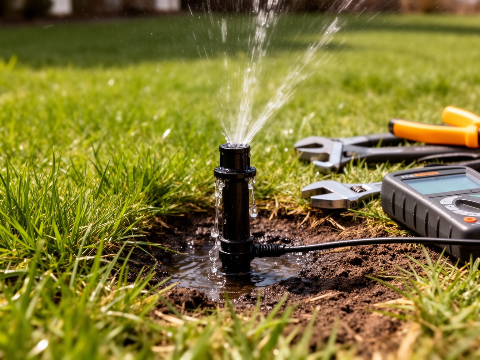 Sprinkler head leaking water slightly on a residential lawn with early spring grass growth