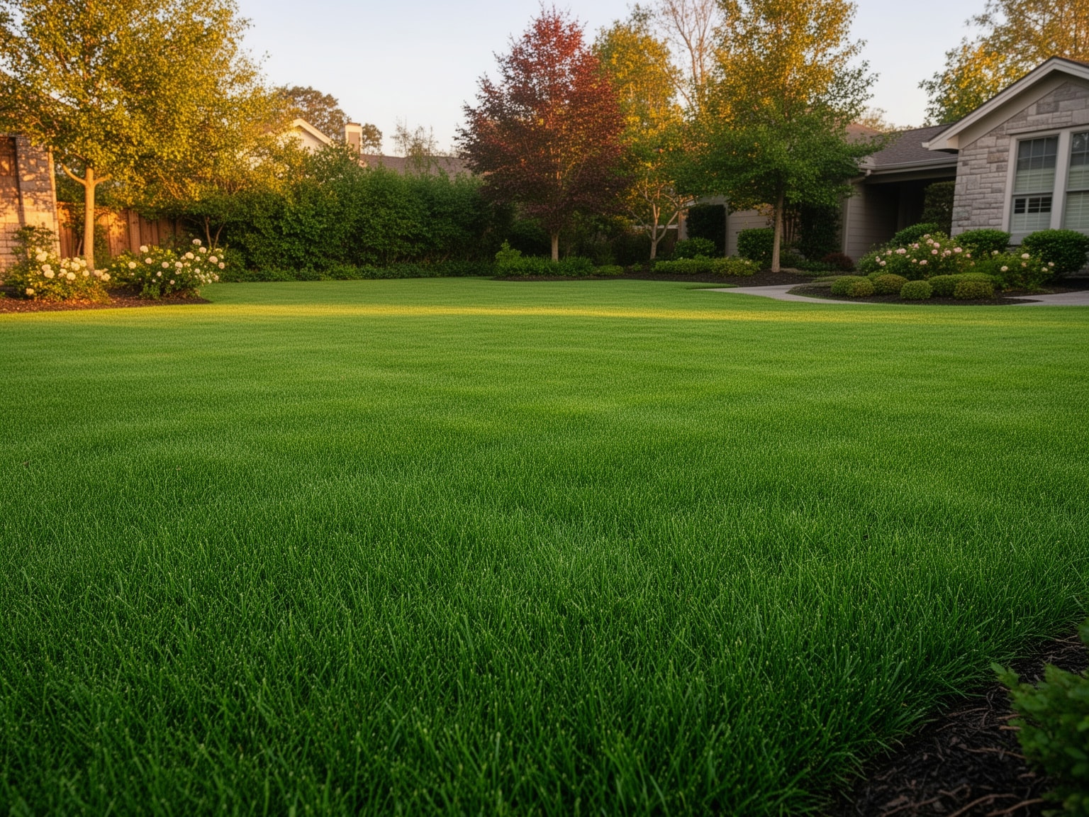 Wide angle photograph of lush, dense green suburban lawn in warm late afternoon light