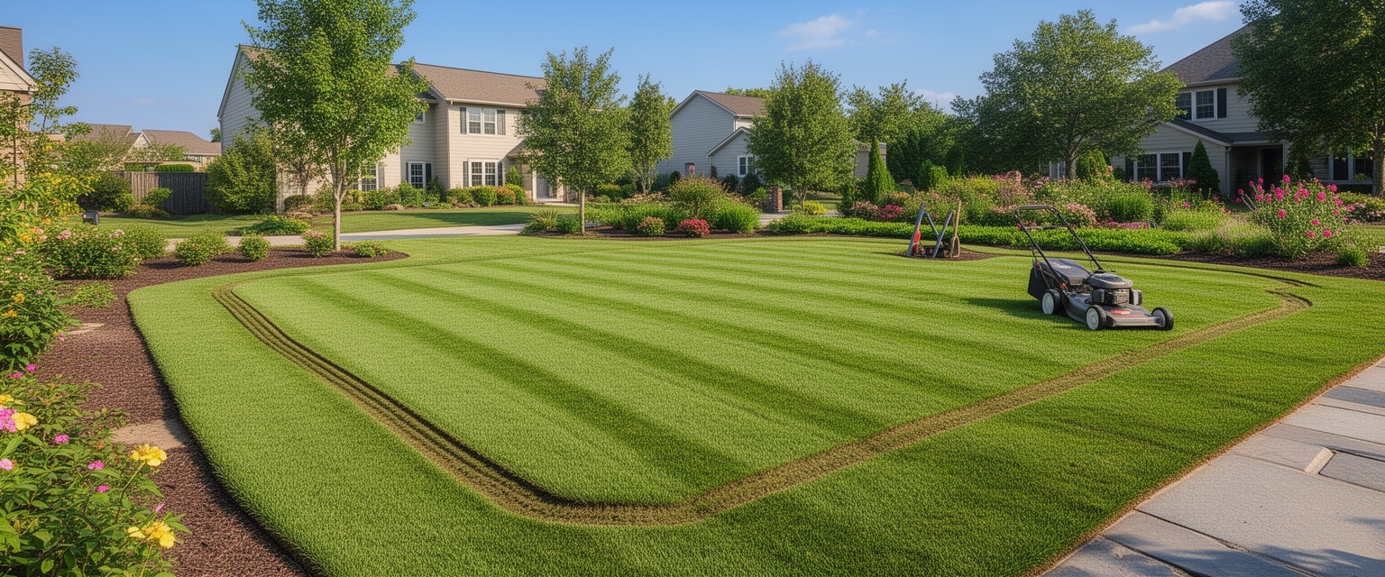 Detailed photograph of a neatly mowed residential lawn with fresh green grass and garden tools in a sunny suburban yard
