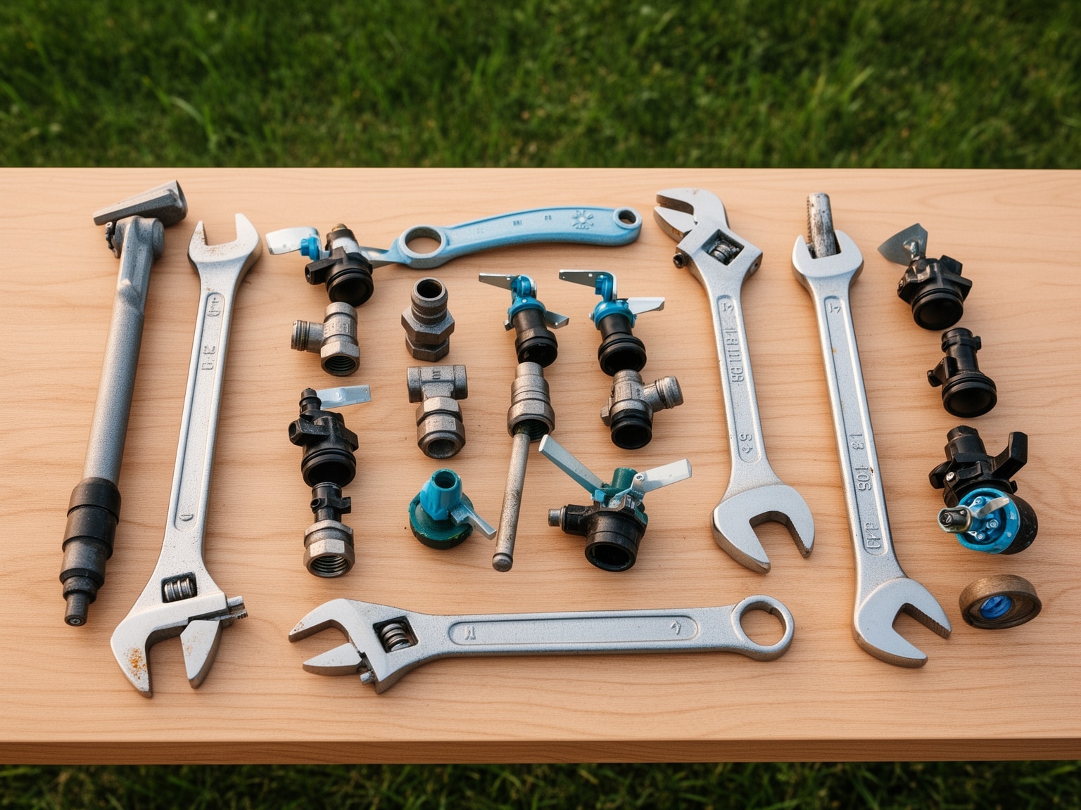 Flat lay of irrigation repair tools and sprinkler heads arranged outdoors in spring