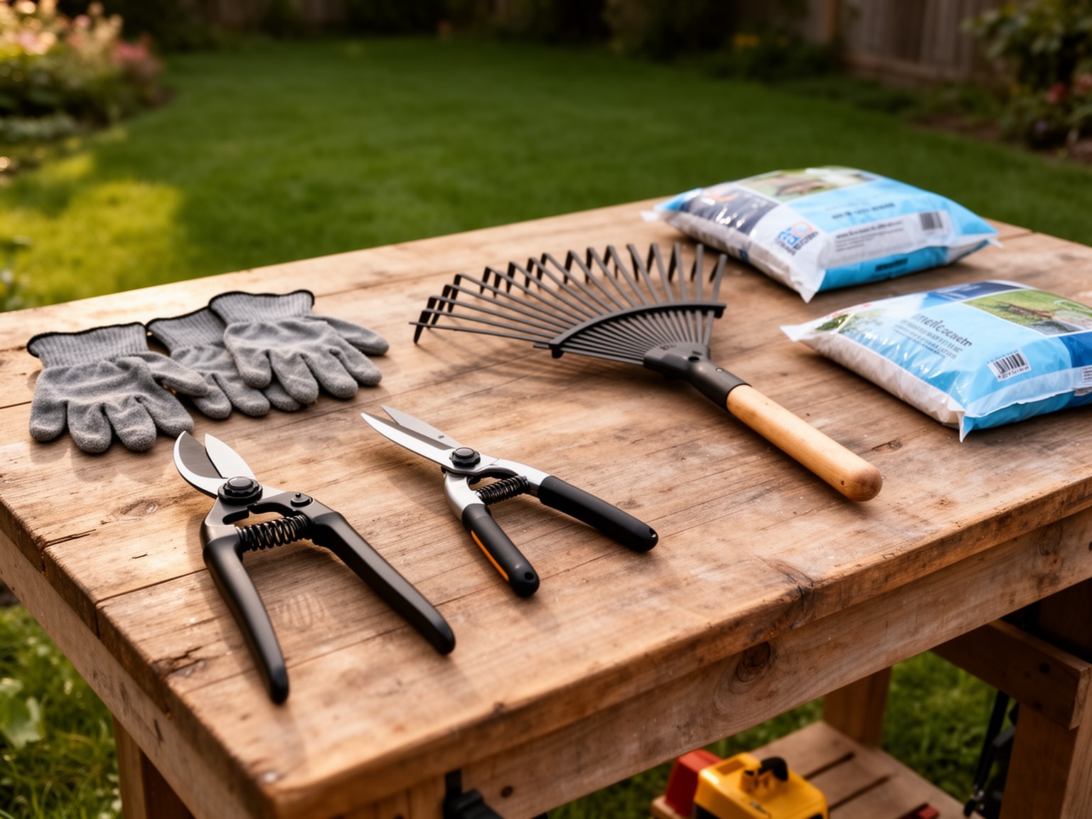 Close-up top-down view of assorted clean lawn care tools arranged on a rustic wooden table outdoors in soft natural light