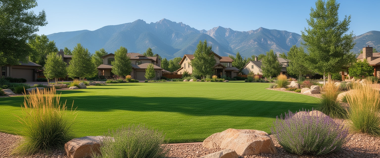 Well-maintained residential lawn in Colorado with healthy green grass and mountain backdrop on a sunny day