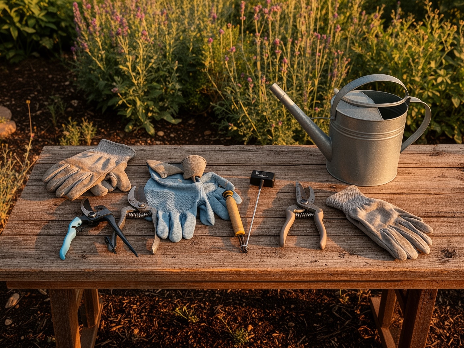 Lawn care tools on a wooden table among Colorado native plants showing local landscaping expertise