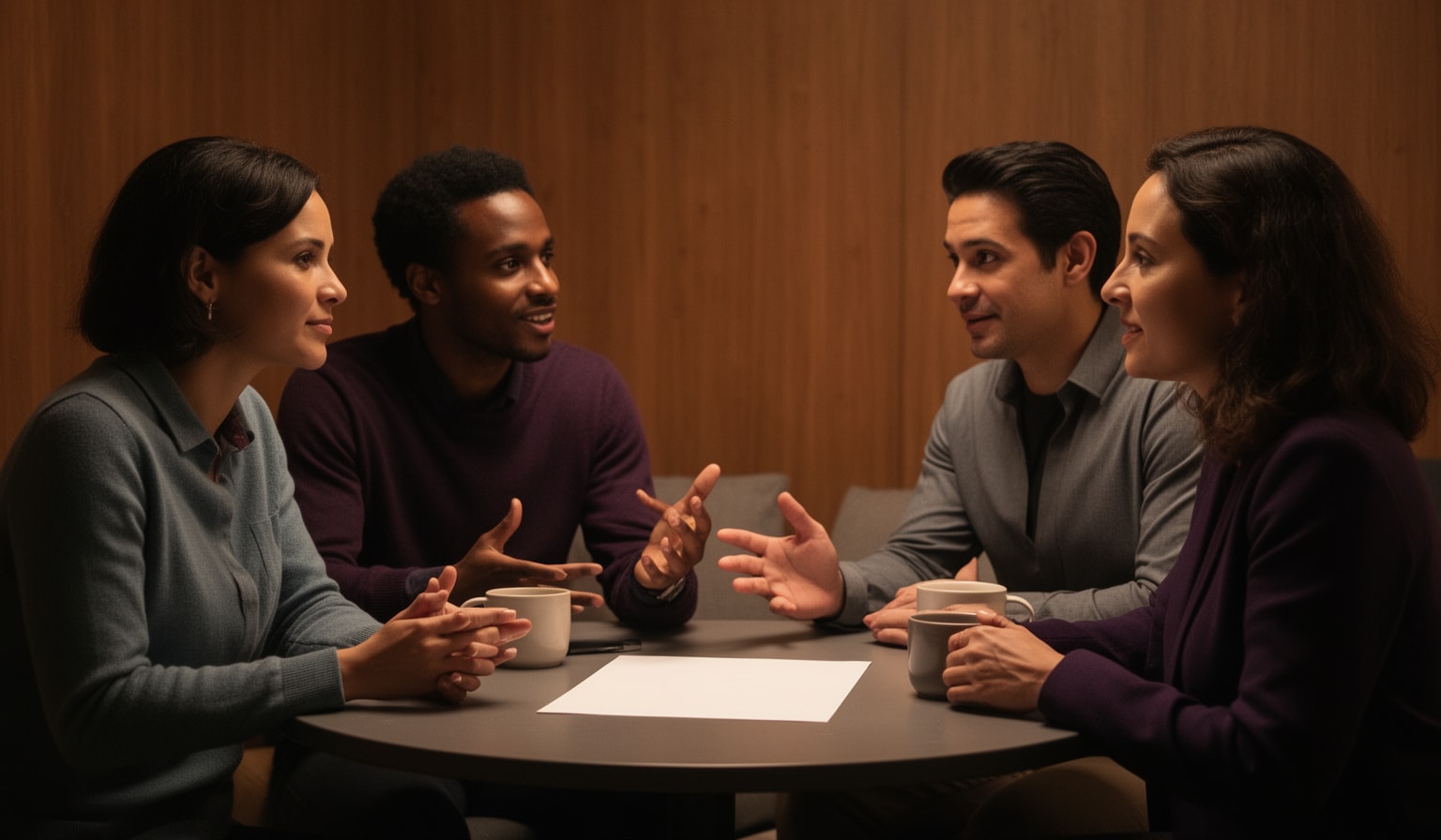 Four emerging leaders sharing advice and ideas in a warm, intimate peer gathering setting