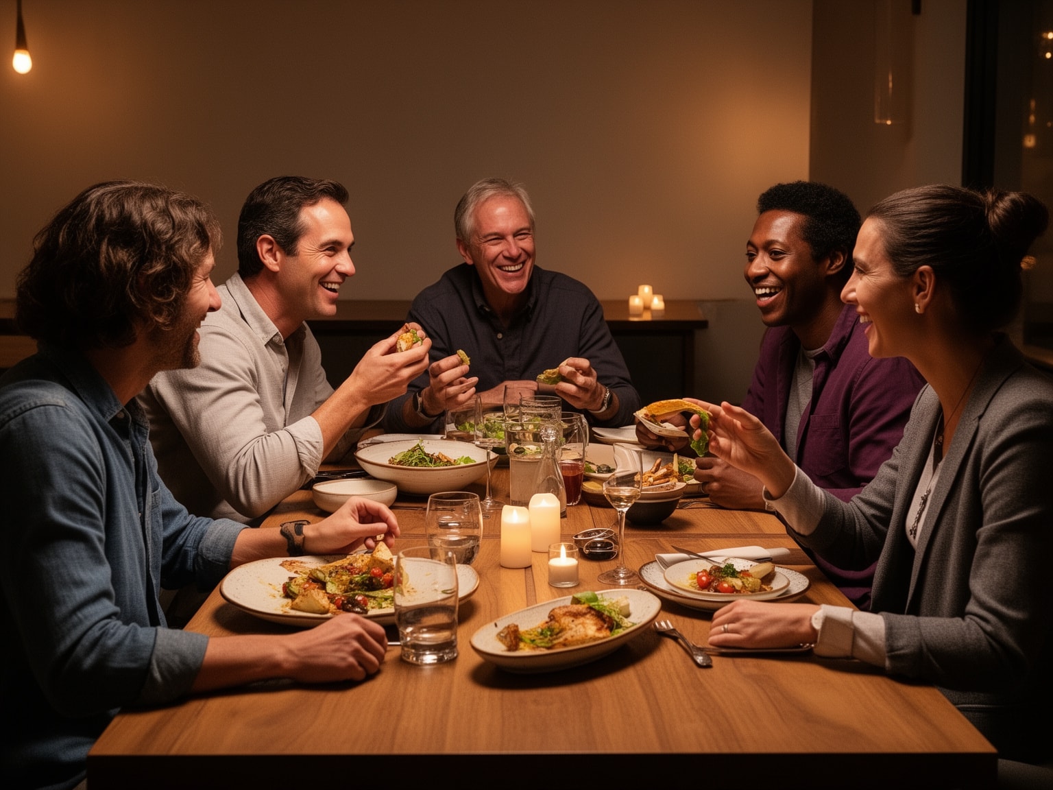 Professional leaders sharing a warm dinner and conversation around a wooden table in a cozy setting