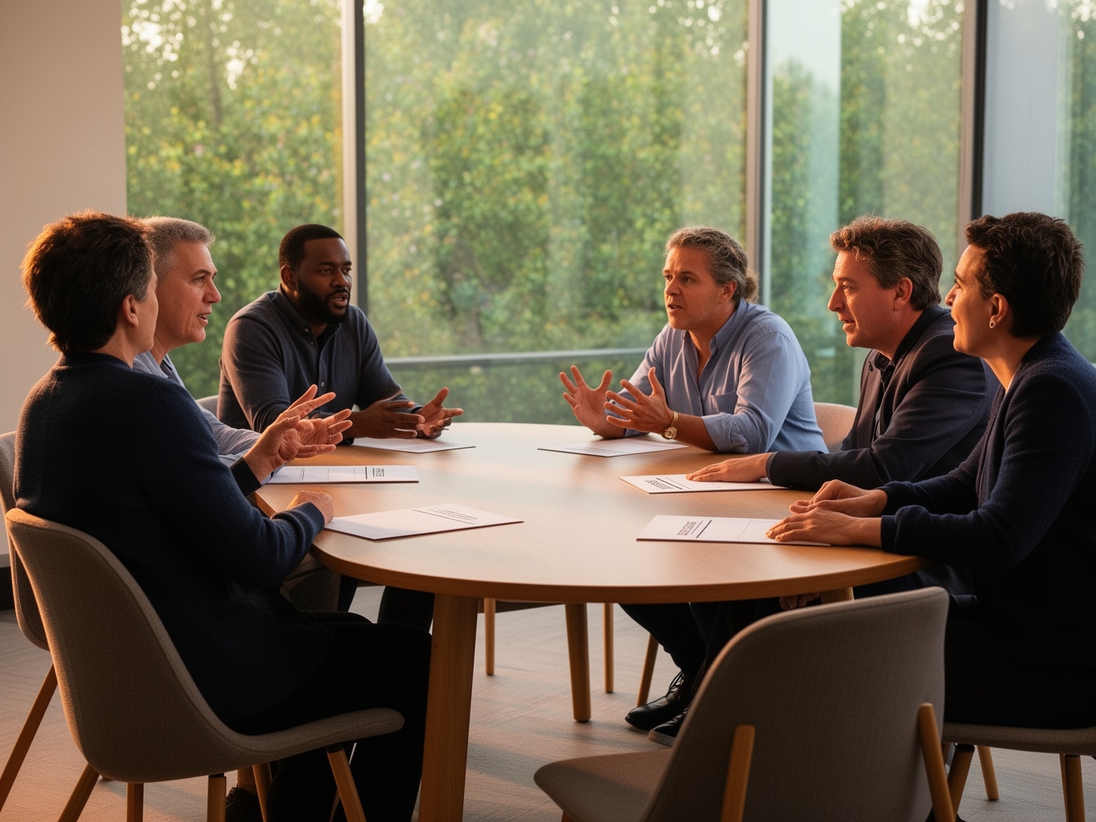 Group of executives engaged in an honest roundtable discussion in a bright meeting room