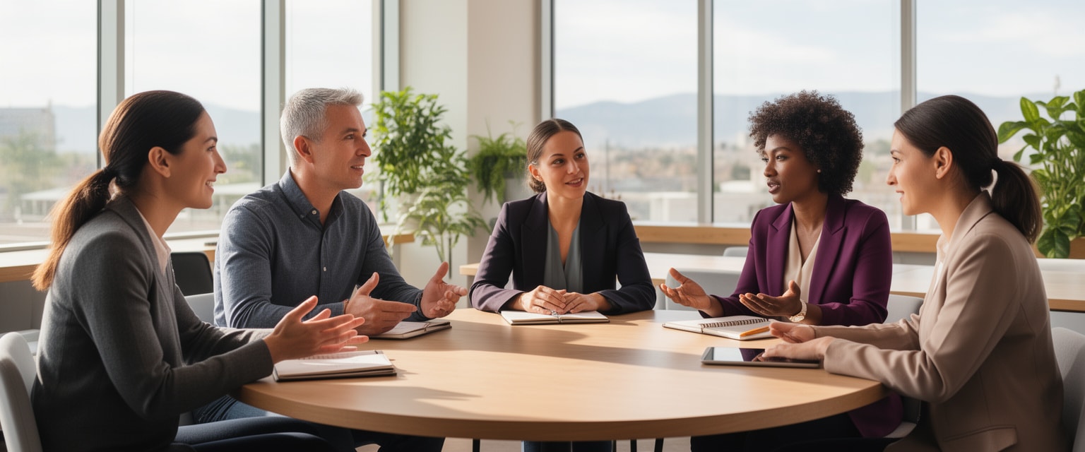 Diverse group of professionals in a modern Metro Denver co-working space participating in a leadership coaching session.
