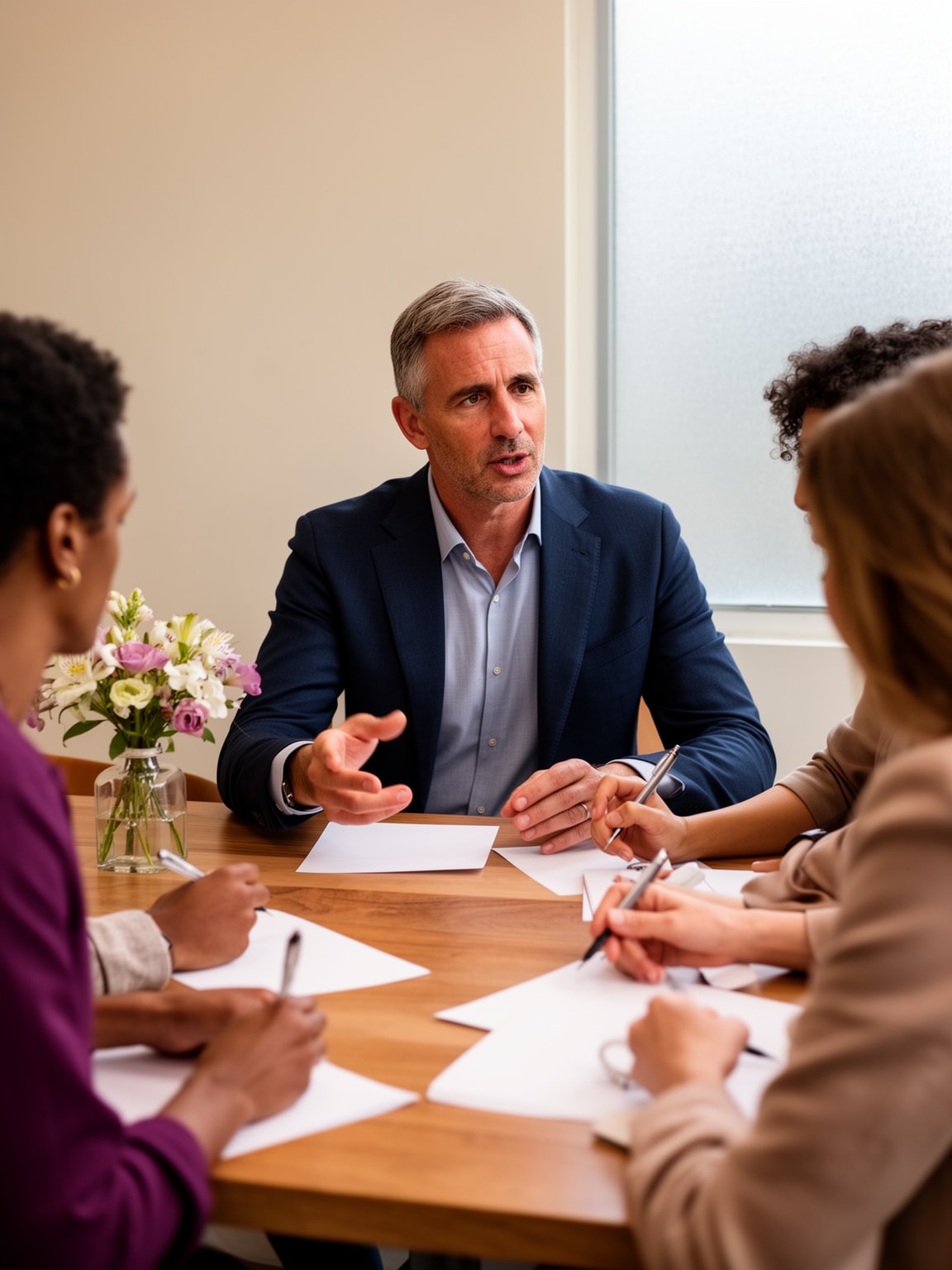 Experienced leadership coach engaging a small diverse group in a professional development discussion.