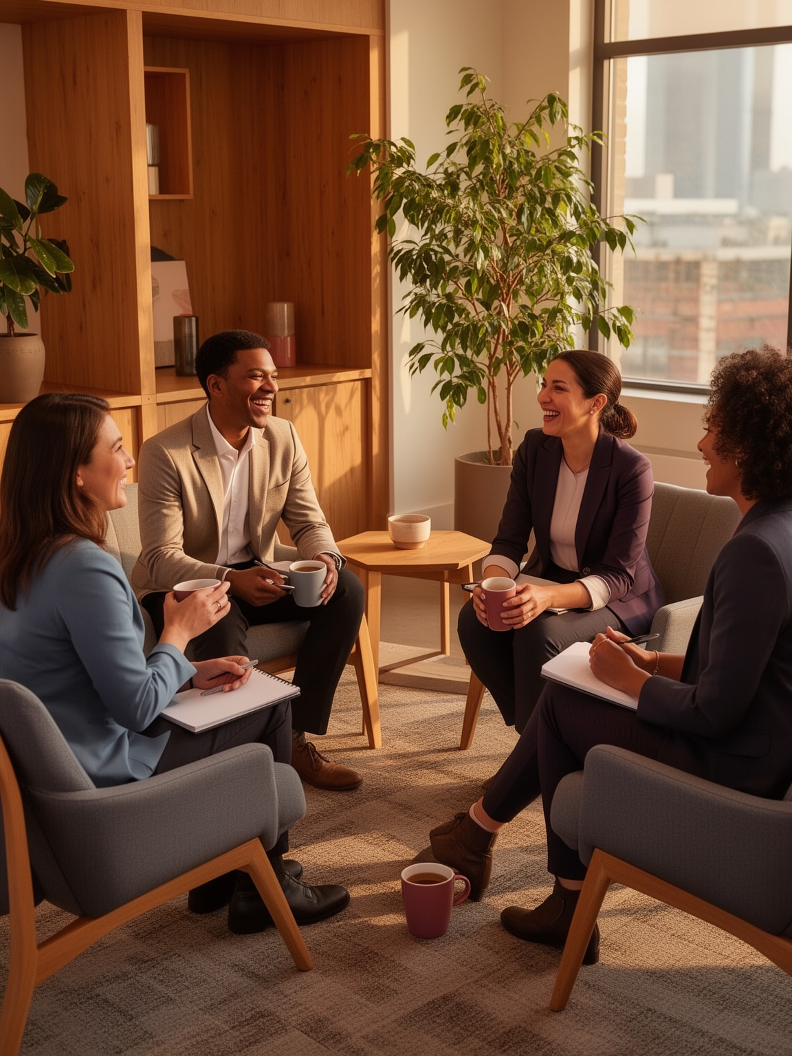 Small peer group engaging in an informal mentoring gathering in a comfortable lounge.