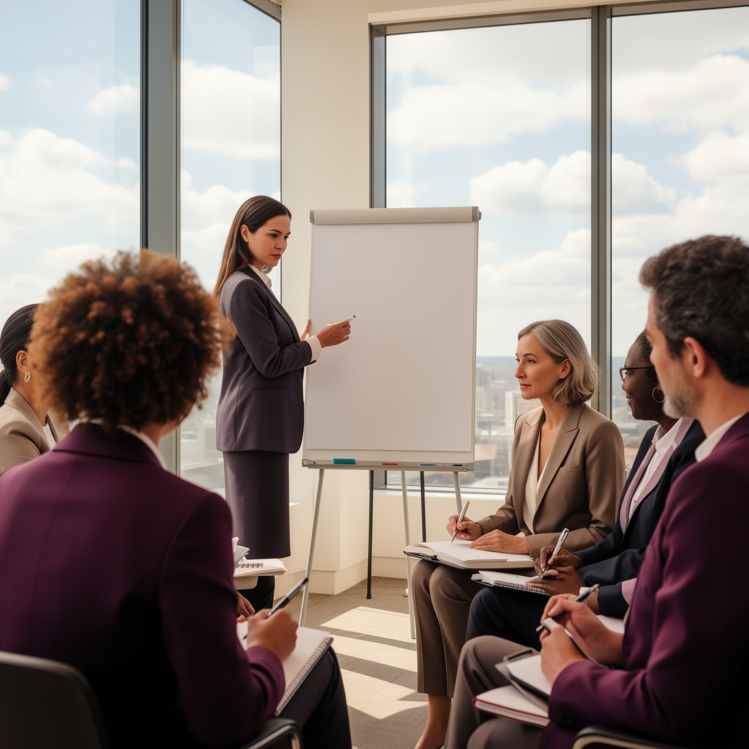 Professional woman leading a leadership workshop with attendees engaged in note-taking.