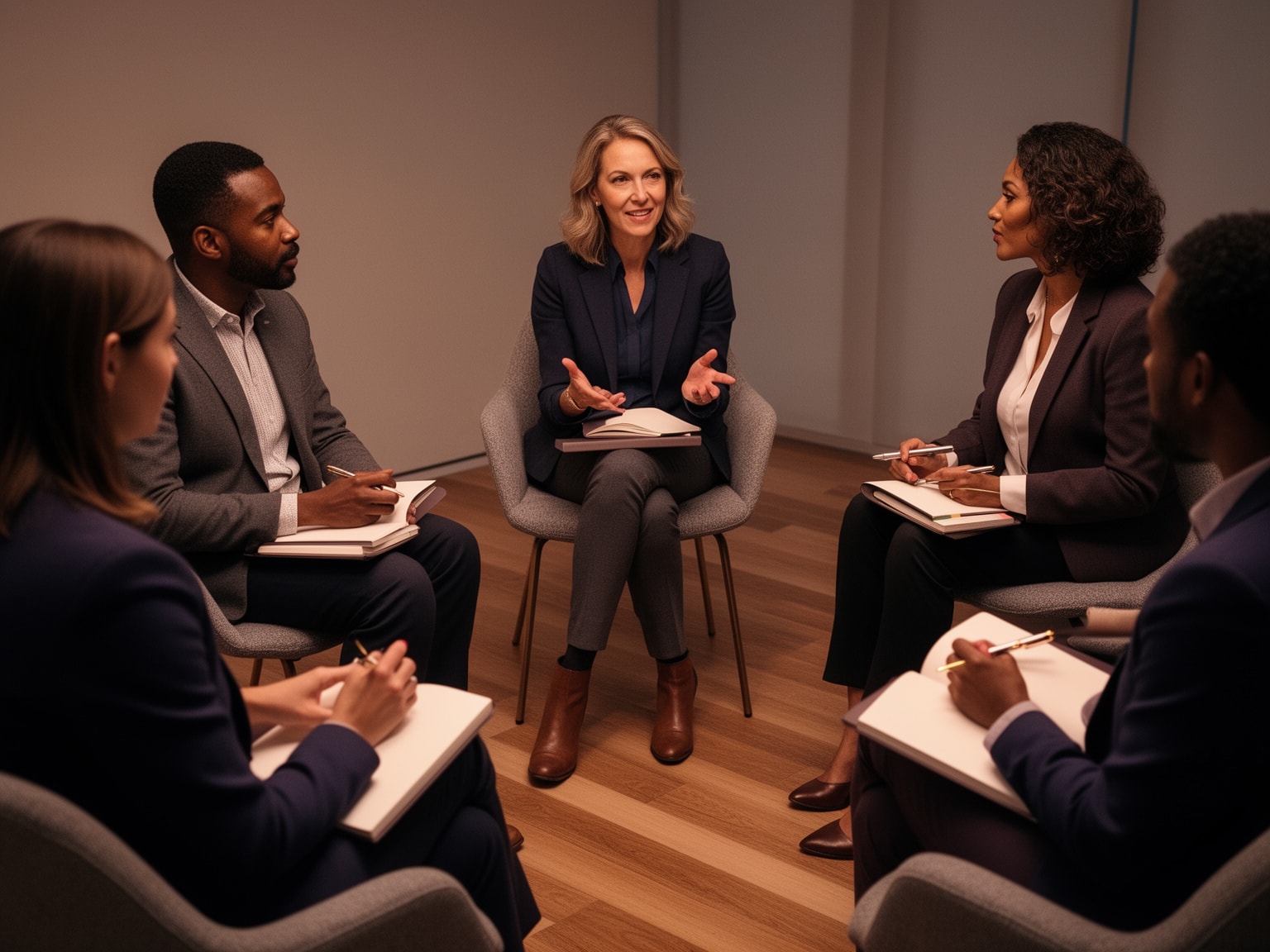 Diverse peer coaching group engaged in confidential discussion around a modern meeting room table.
