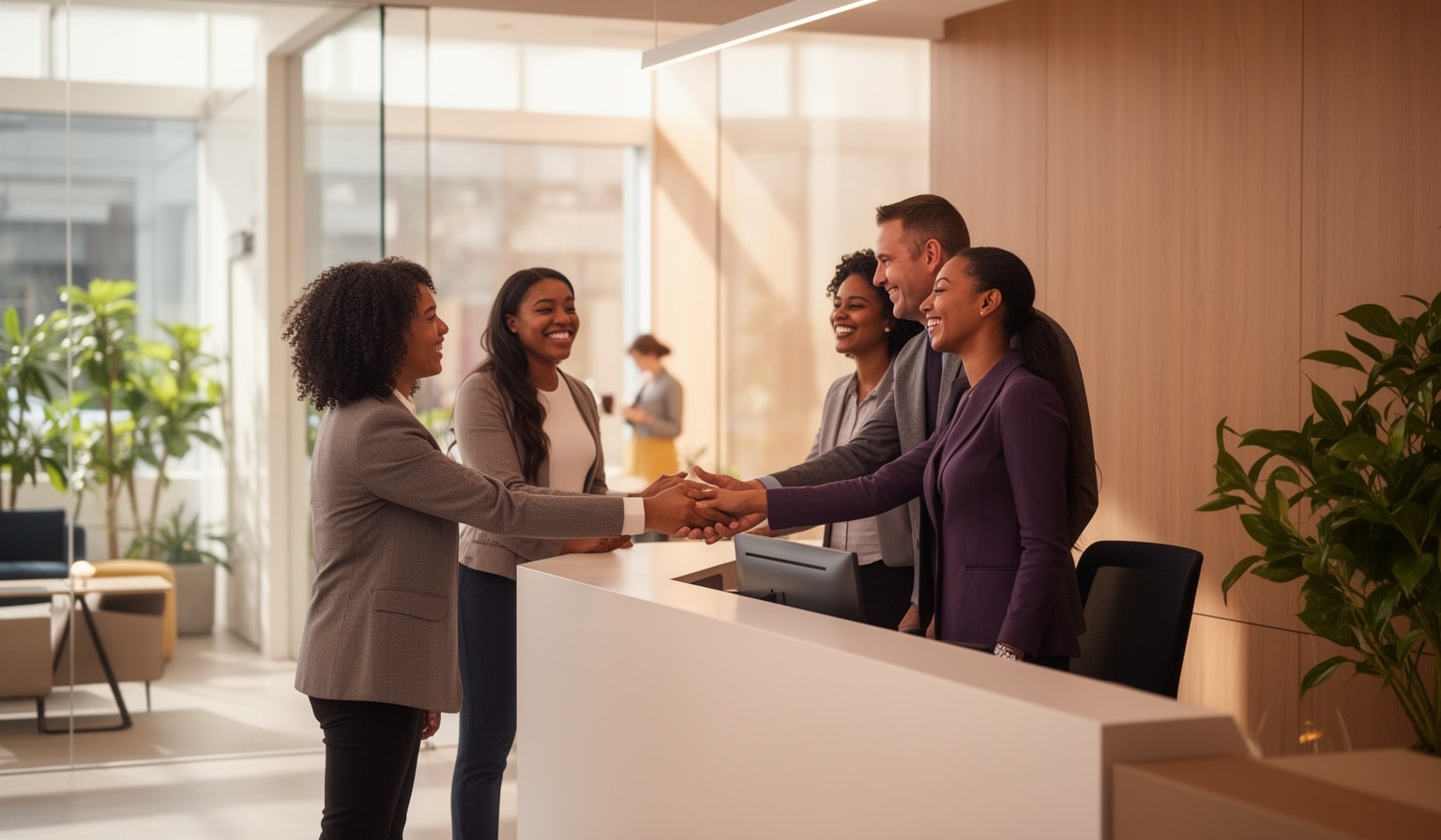 Diverse group of professionals warmly greeting each other in a modern office reception area.