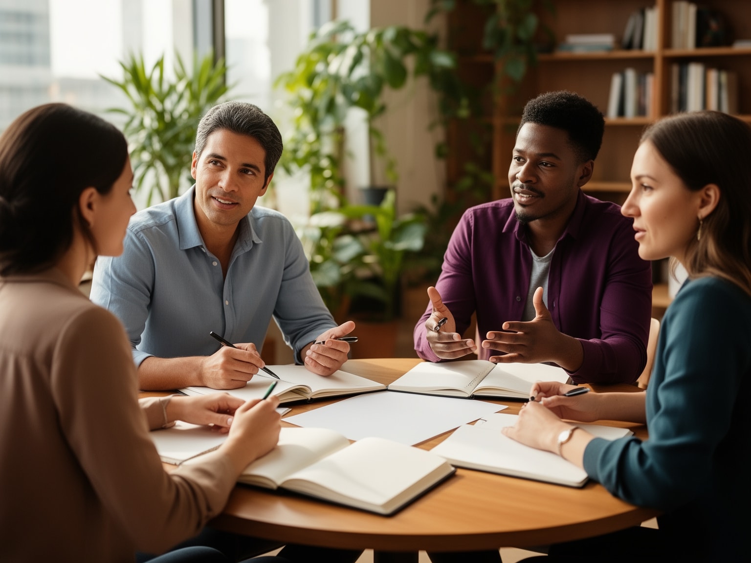 Diverse team collaborating in a bright meeting room around a round table with blank papers.