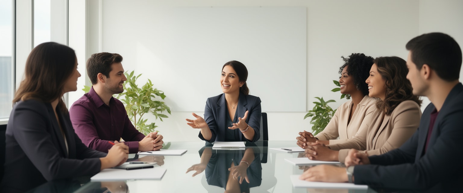 Young professional leader engaging team in modern office meeting with attentive team members