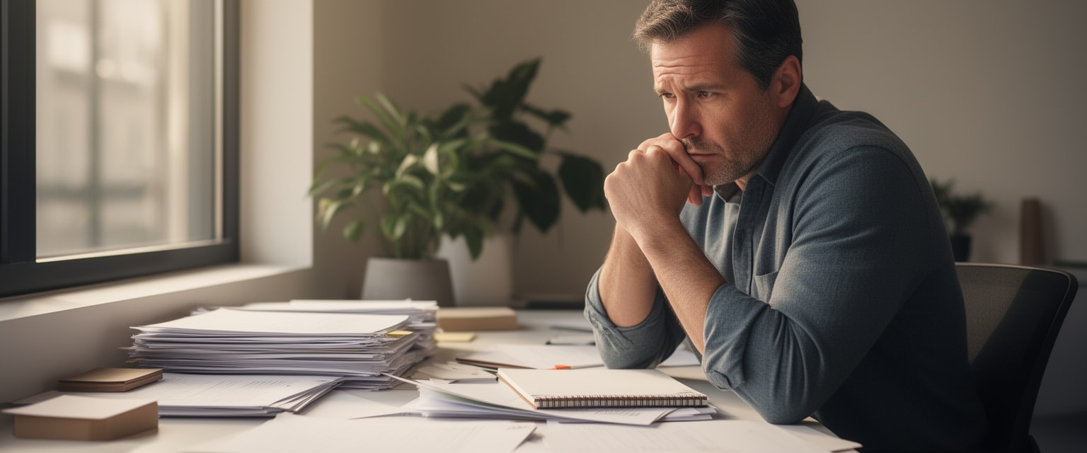 Thoughtful male leader at clean desk surrounded by blank documents in modern office