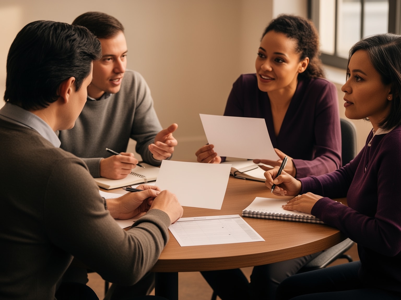Mid-career leader and four peers collaborating over blank notes in warm meeting room
