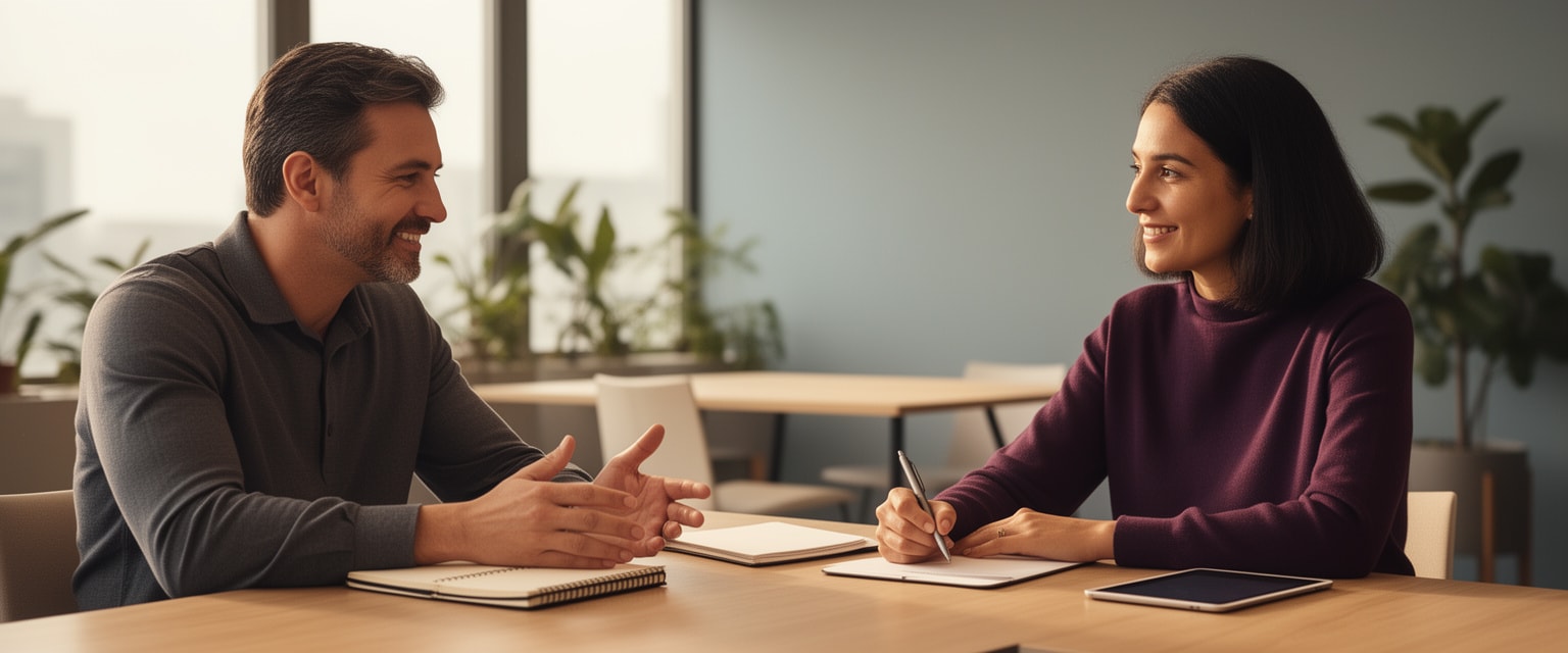 Founder and coach having a focused one-on-one coaching session in a modern office setting