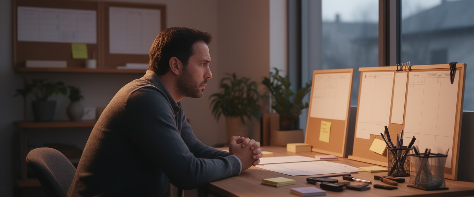 Solo founder deep in thought facing early operations challenges at wooden desk in cozy office