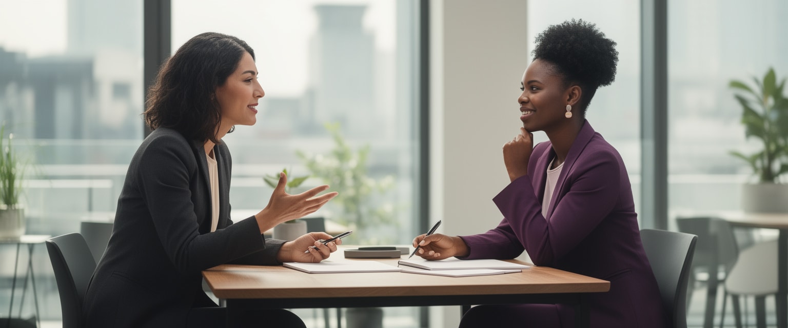 Career coach and client in a bright modern office engaged in a reflective coaching conversation.