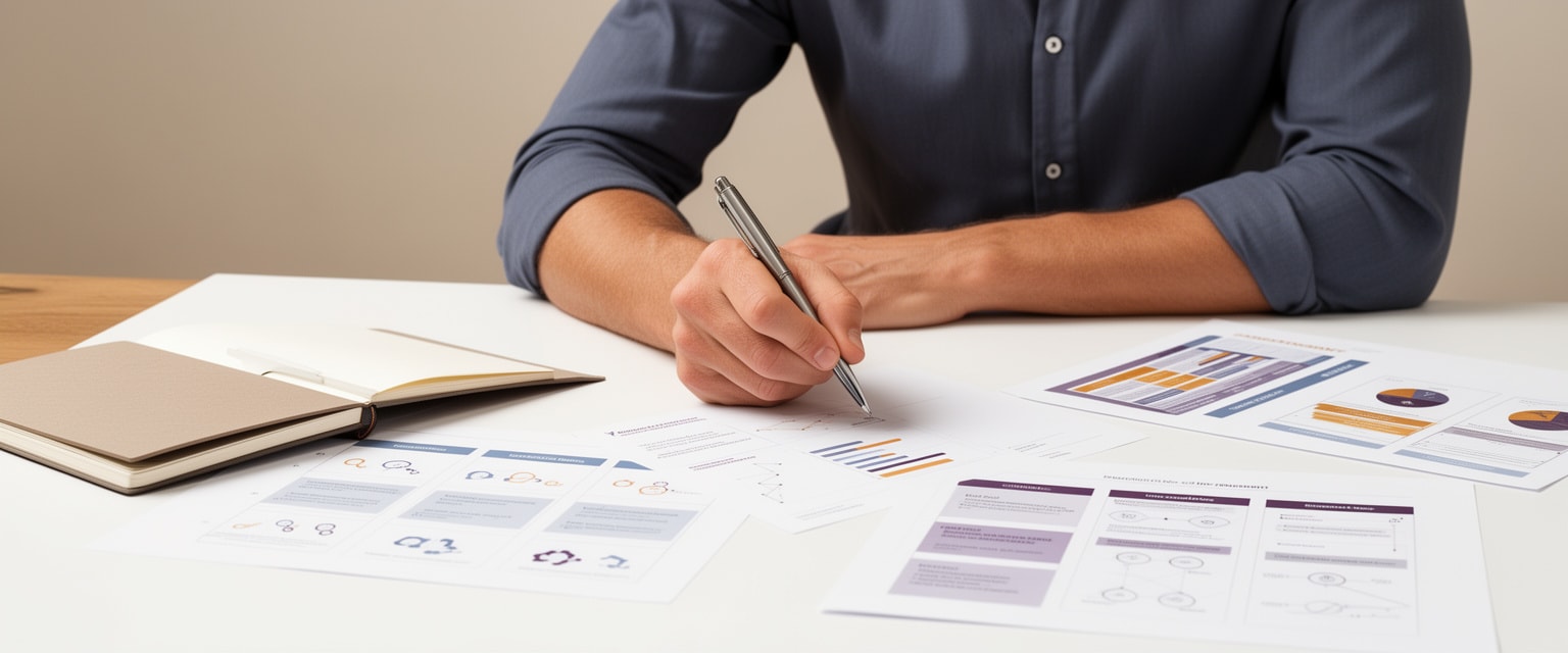 Thoughtful professional holding a pen over blank planning materials in a minimalist workspace.