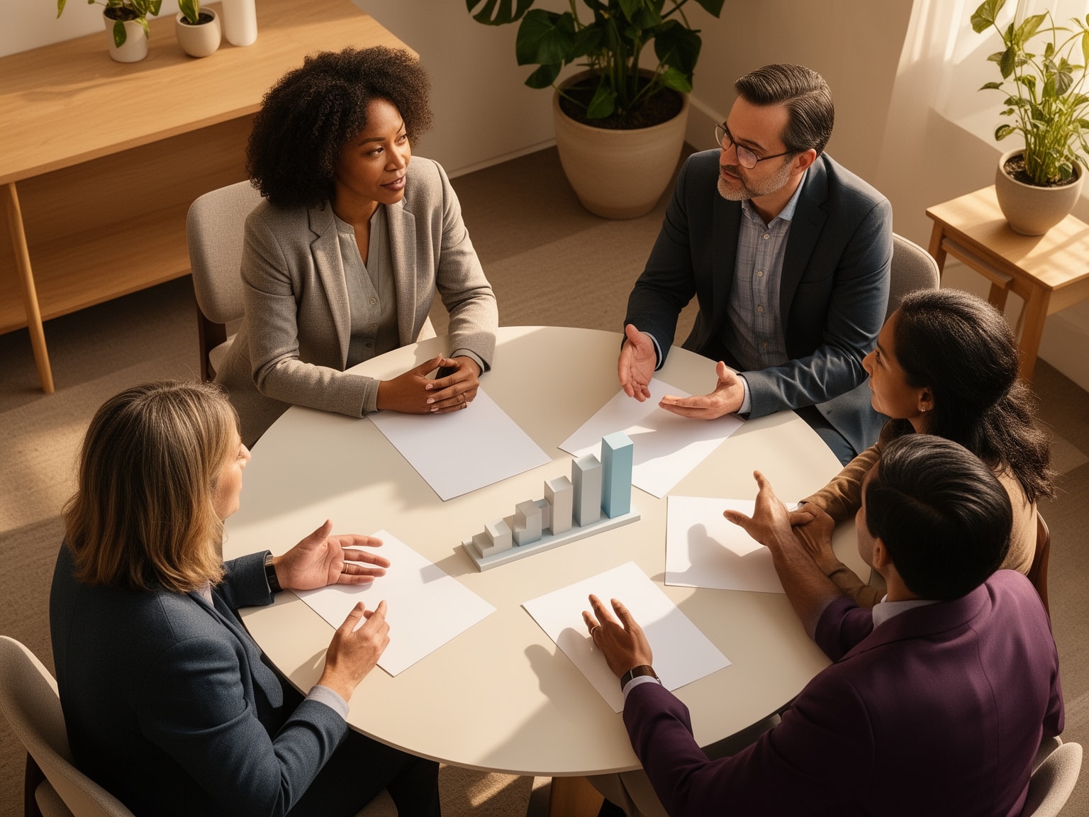 Diverse group of professionals engaged in a reflective mentoring session around a wooden table.
