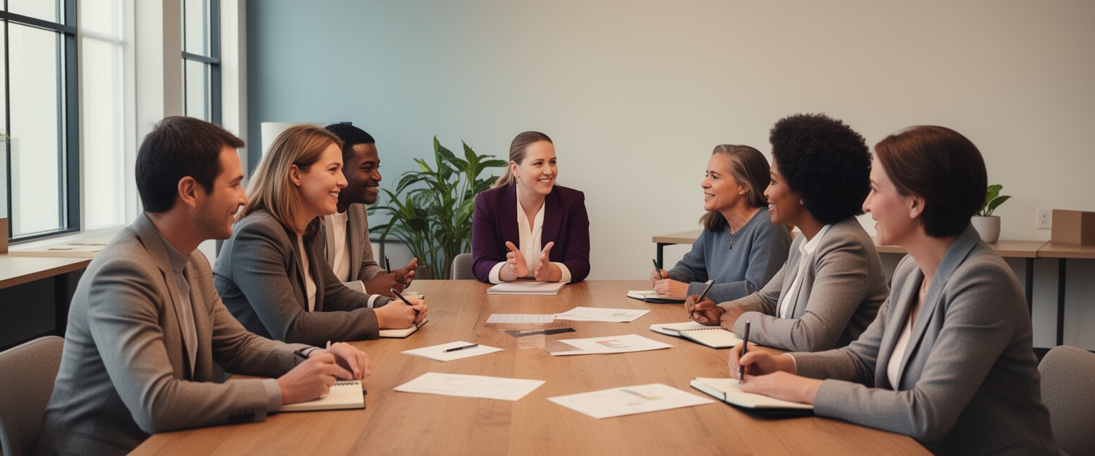 Diverse group of professionals engaged in a peer learning circle discussion around a wooden table in a modern meeting room.