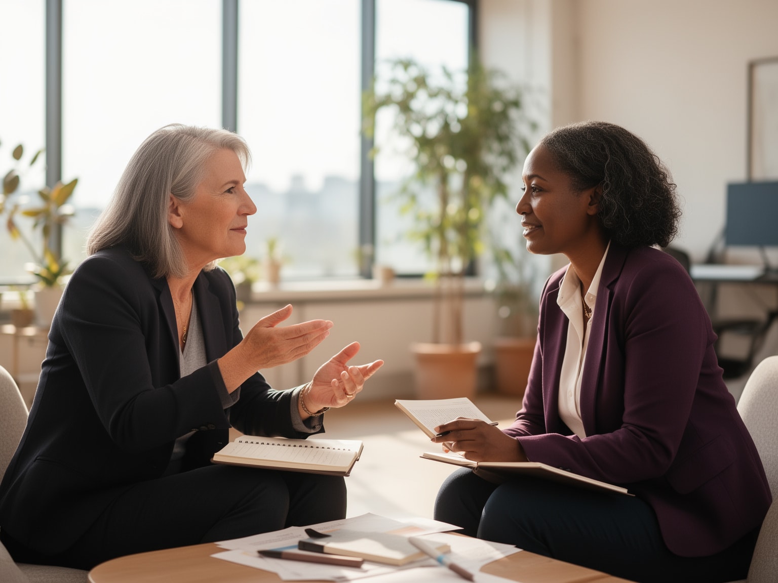 Business professional and mentor discussing career growth in a bright modern office environment.