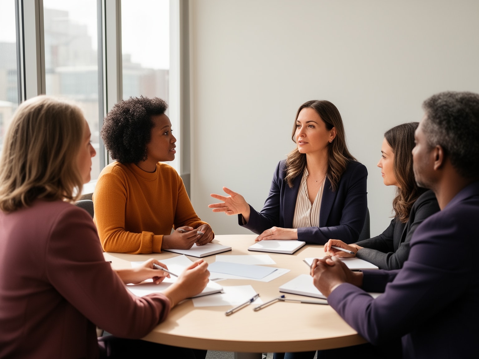 Professionals participating in a small facilitated roundtable discussion in a bright modern meeting room.