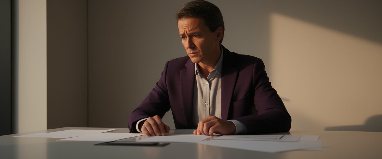 Professional sitting alone at a clean table appearing thoughtful and contemplative in a quiet office.