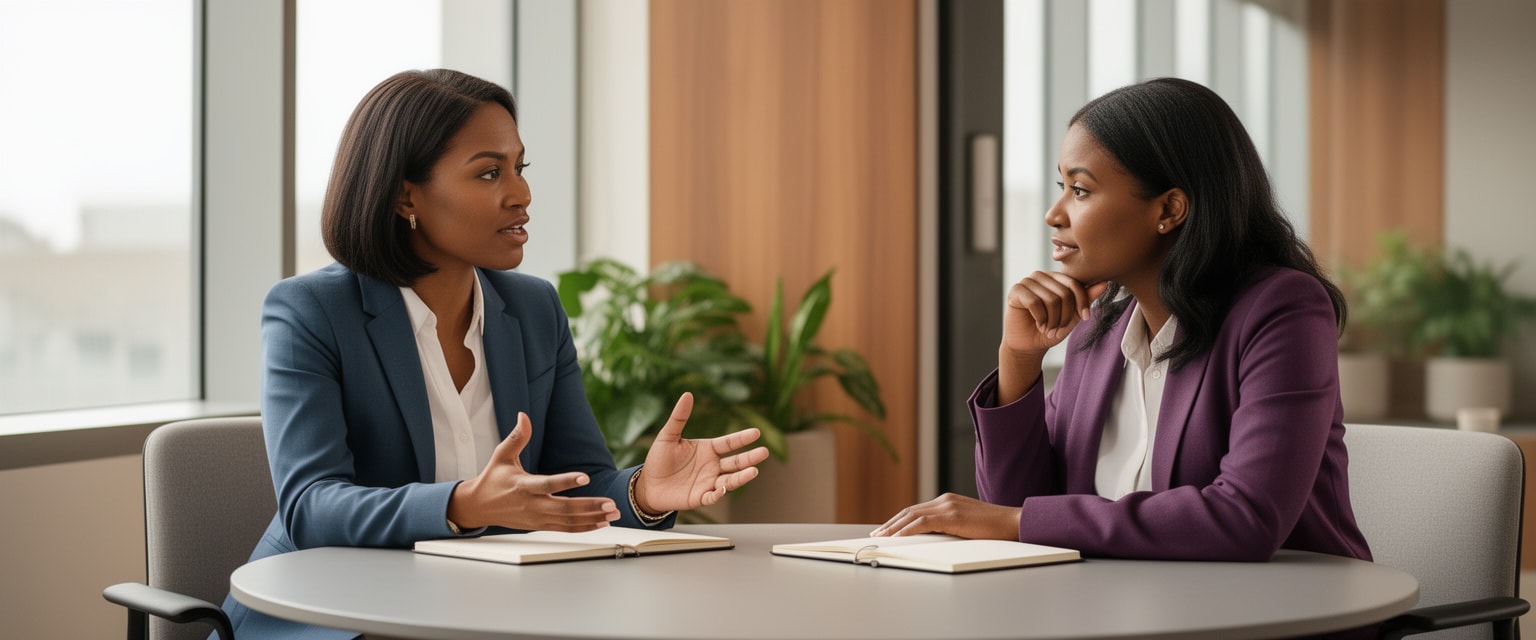 Leadership coach and client engaged in a supportive conversation during a professional coaching session in a modern office.