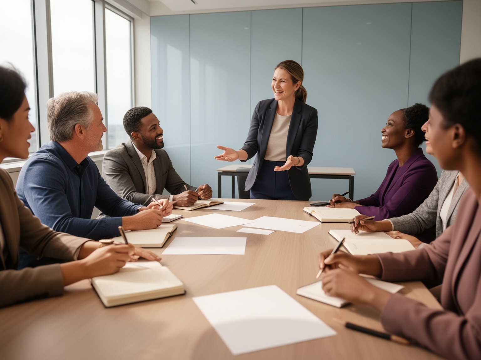Diverse professionals actively collaborating in a facilitated peer circle session around a modern conference table.