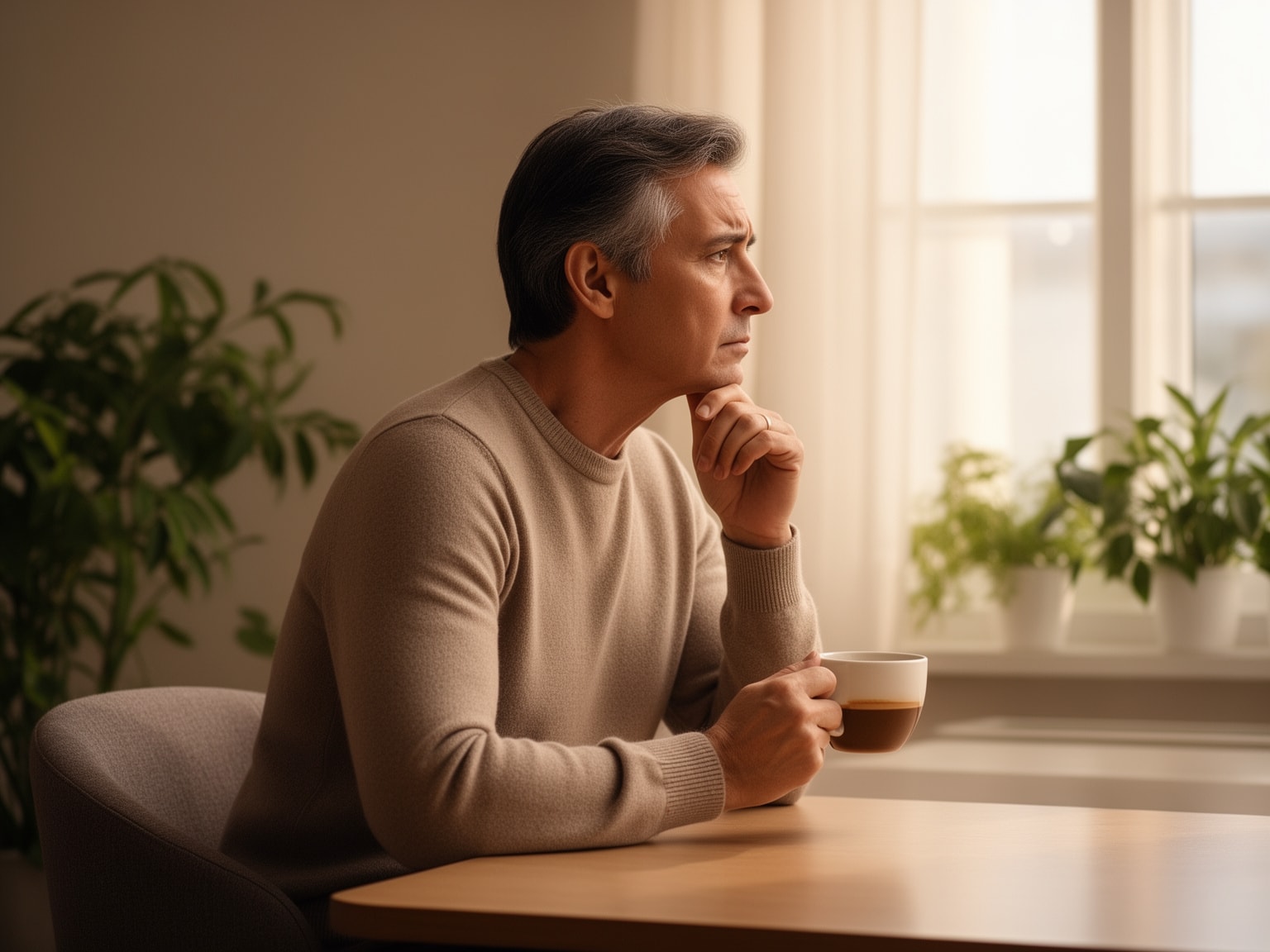 Thoughtful leader seated alone, reflecting deeply while holding coffee in a cozy office setting.