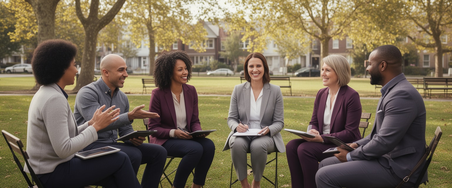 Diverse professionals in a neighborhood park sharing ideas and learning together in a friendly outdoor group discussion