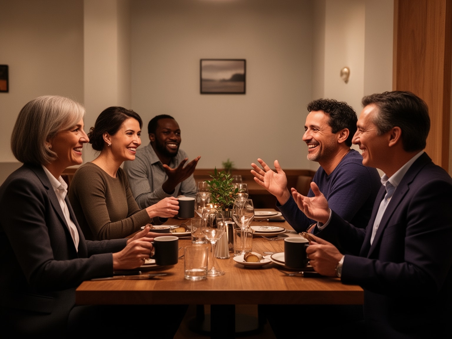 Diverse group of professionals sharing ideas and enjoying a leadership workshop dinner in a warm dining room setting