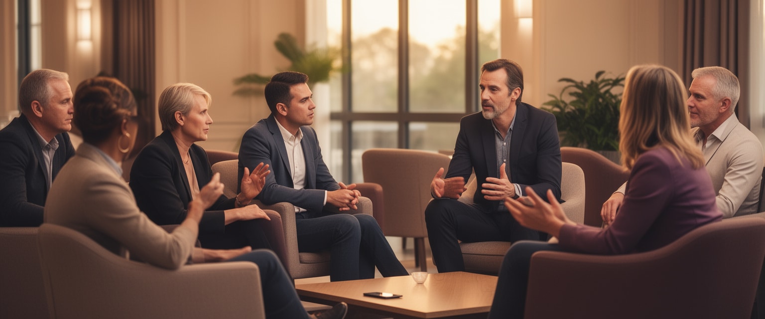 Senior leaders in a warm conference room engaged in a confidential peer conversation