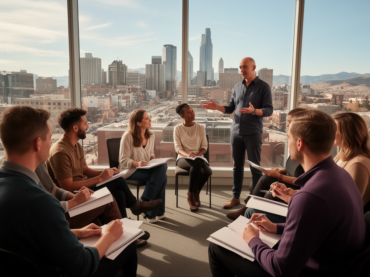 Startup founders and mentor engaged in a workshop with Denver cityscape visible through large windows.