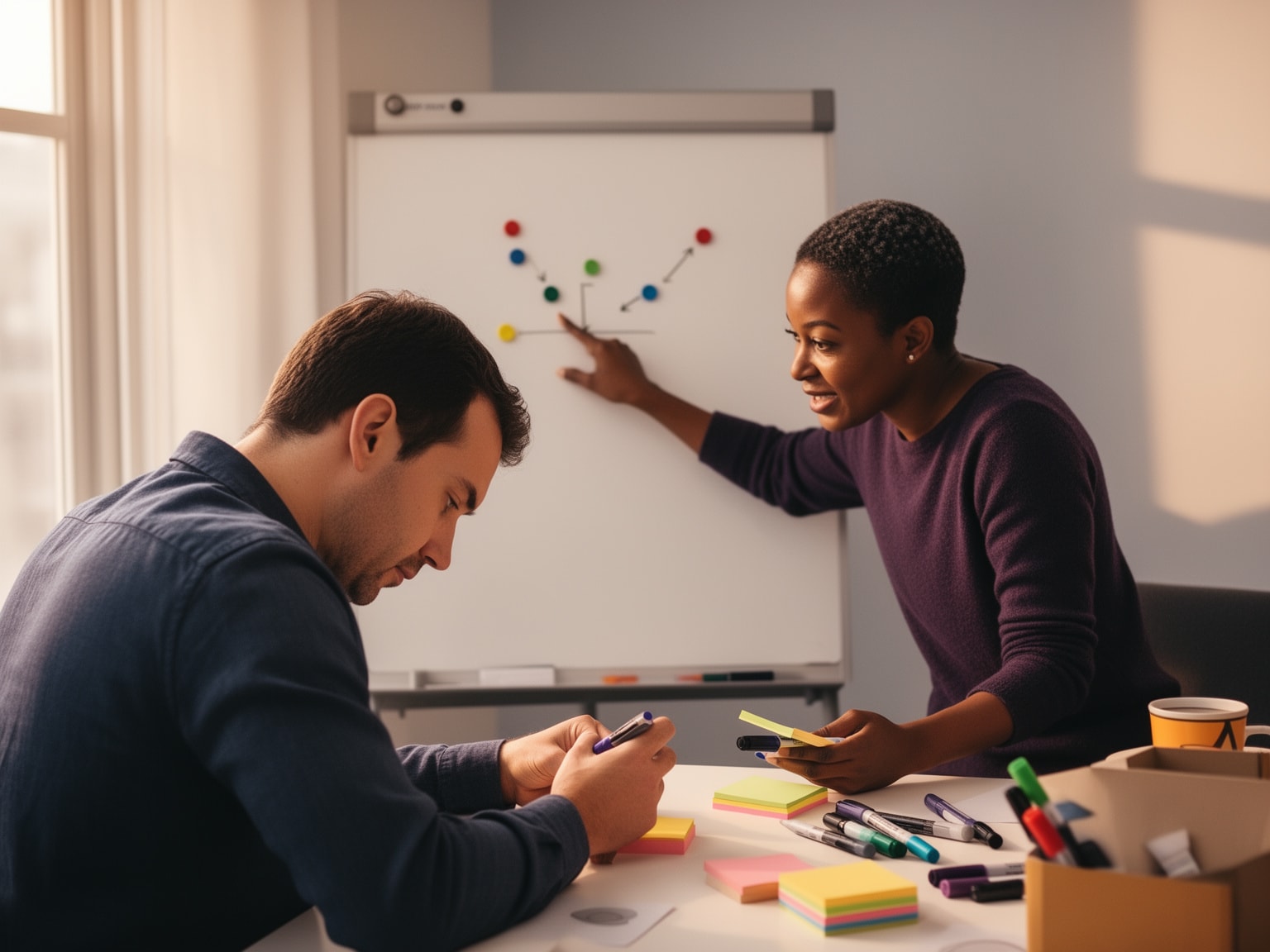 A founder and coach collaborating in a private room with a blank whiteboard using sticky notes and markers.