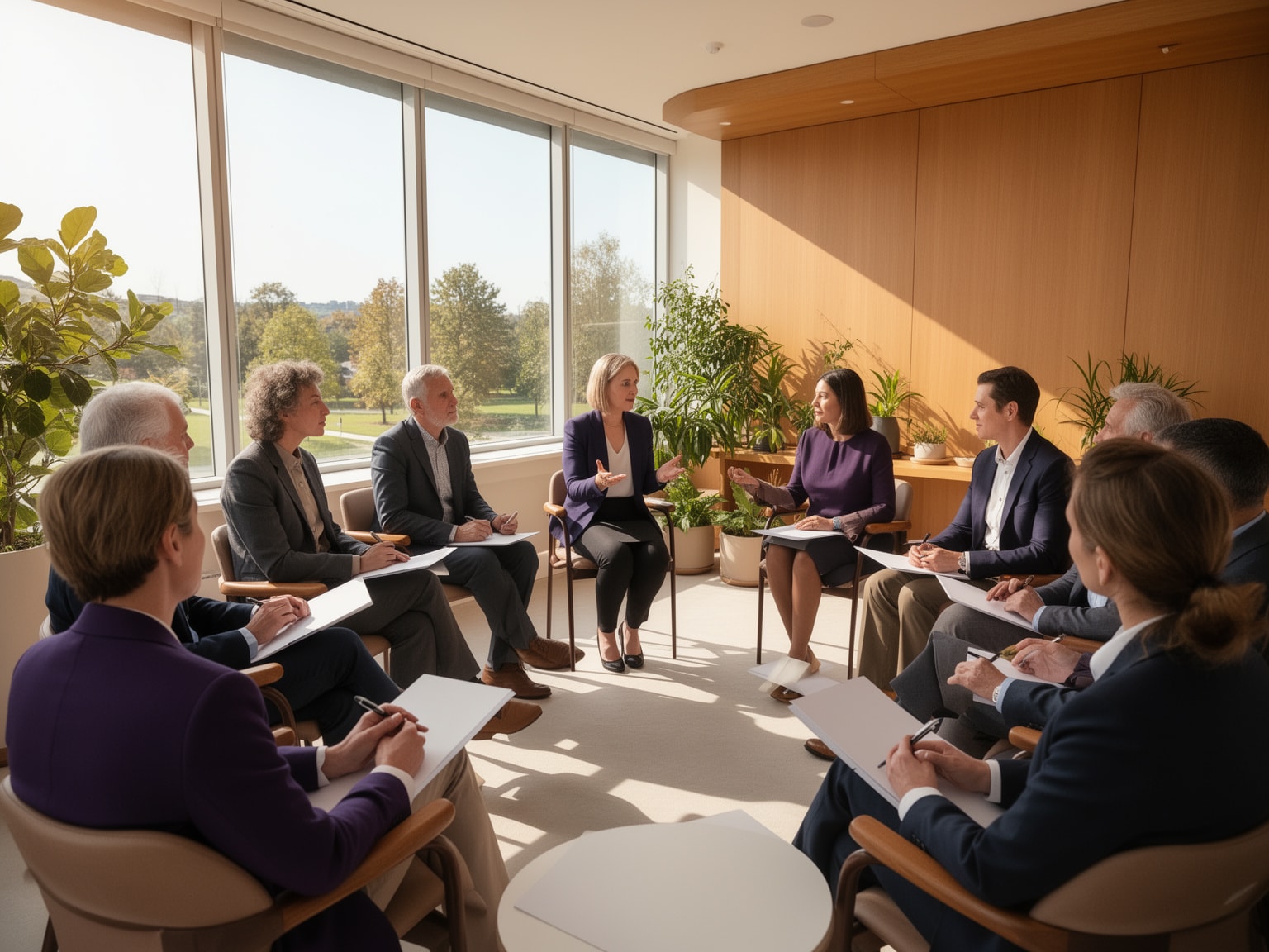 Senior leaders in a modern meeting room engaged in a facilitated private peer circle discussion
